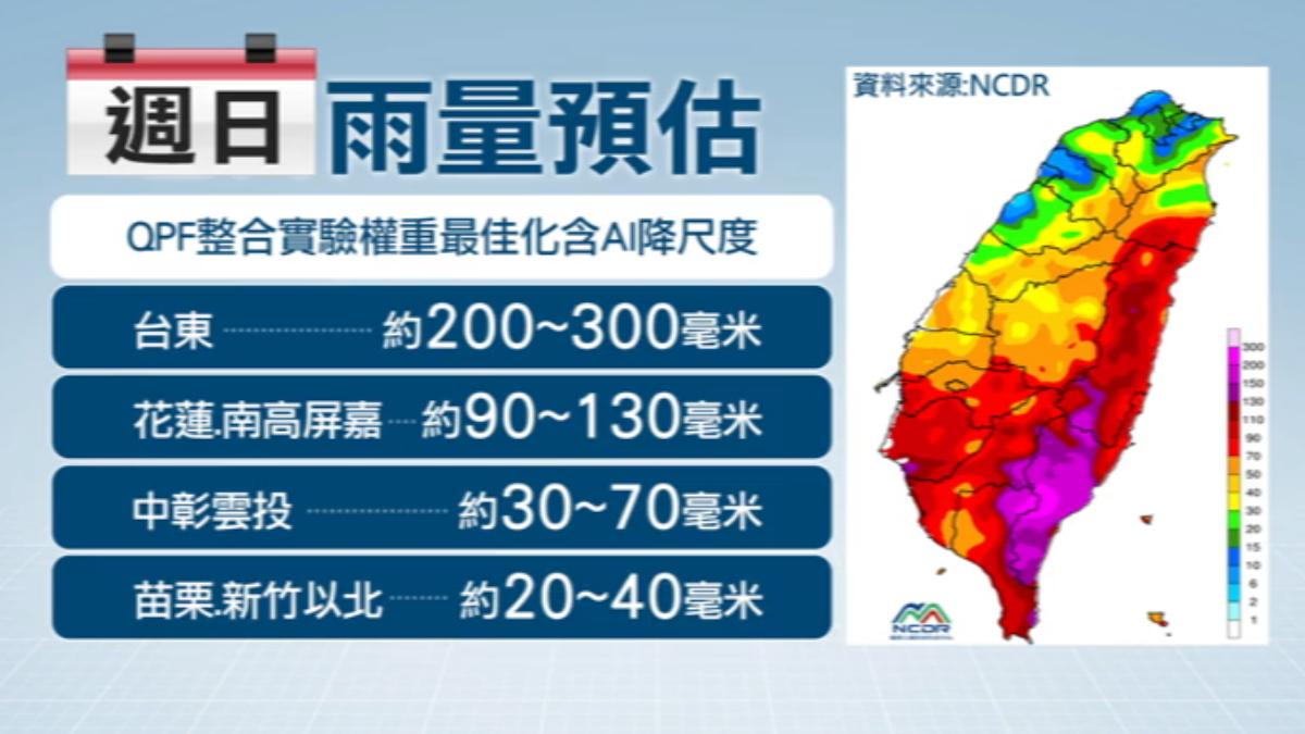 預估雨最多的地方在台東,約200至300毫米,南部及花蓮則是約90至130毫米。(圖/TVBS)
