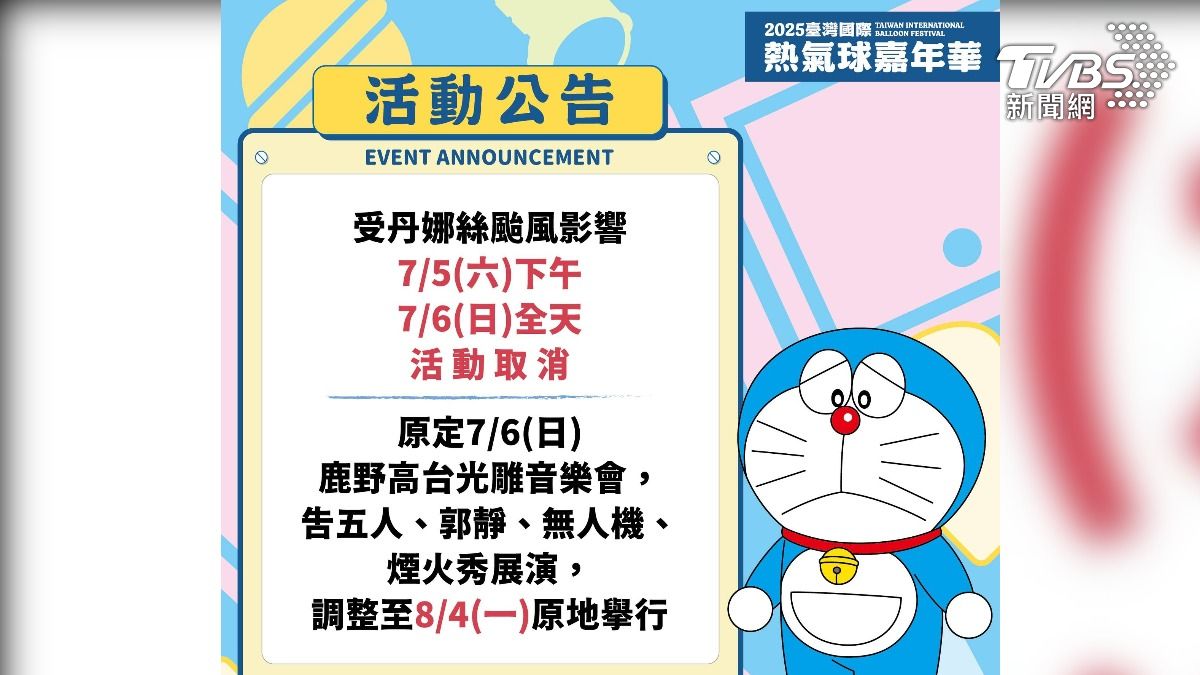 台東熱氣球嘉年華，今天(7/5)清晨5點半正式開幕，遇上颱風攪局，官網公告取消場次。（圖／TVBS）