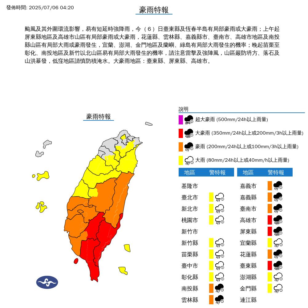 受丹娜絲颱風影響,全台幾乎有雨。(圖/氣象署)