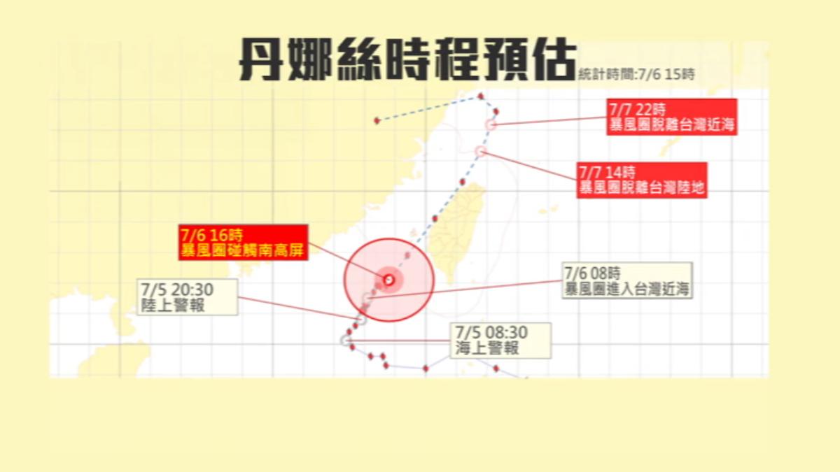 丹娜絲颱風16時暴風圈觸南高屏。(圖/TVBS)
