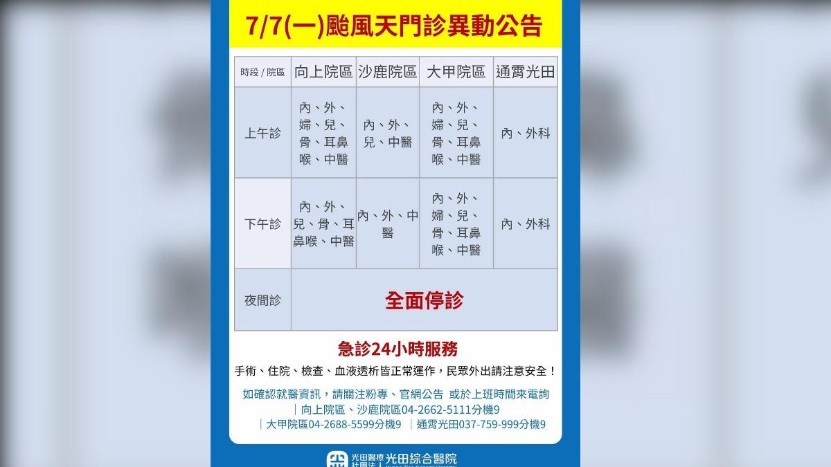 光田醫院7/7颱風假開診狀況。(圖/光田醫院提供)