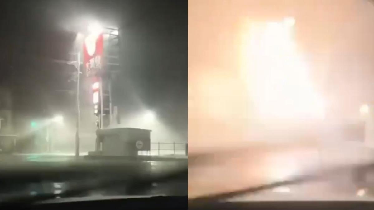 颱風/丹娜絲重創台南!風雨吹爆大潤發 招牌「攔腰折斷」炸火光