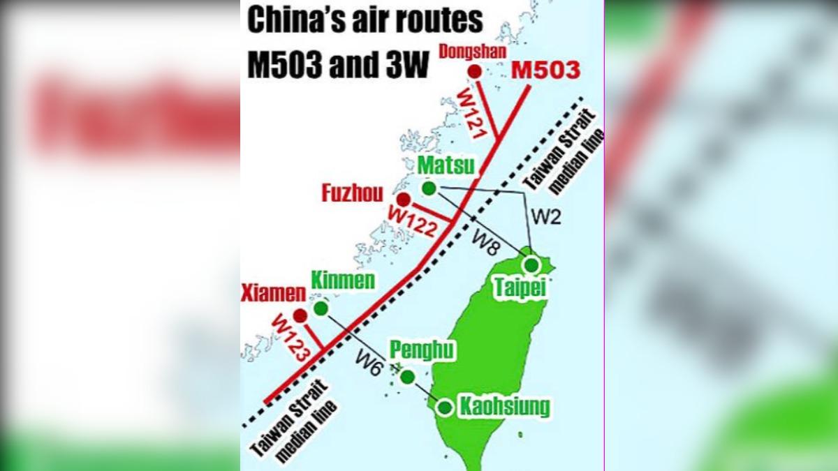 中國逕自宣布啟用M503航道來銜接W121航道,忽視海峽中線的軍事敏感。(圖/翻攝自 X@taipei_times)