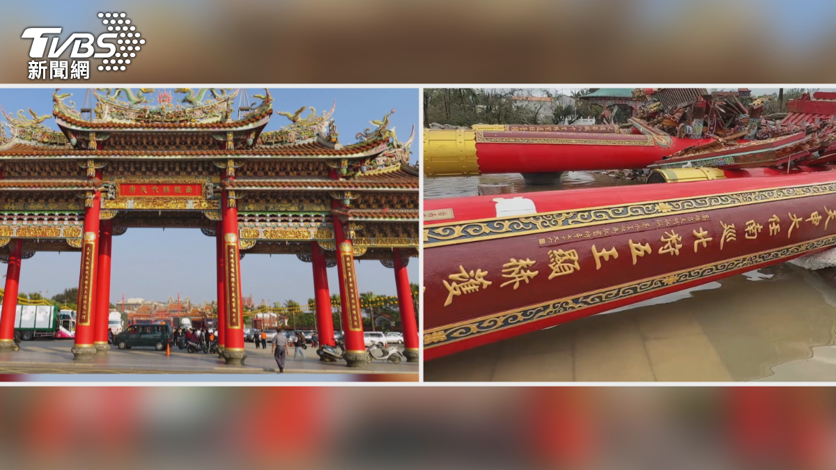  十二根粗柱全倒！南鯤鯓代天府牌樓慘了。(圖／TVBS)