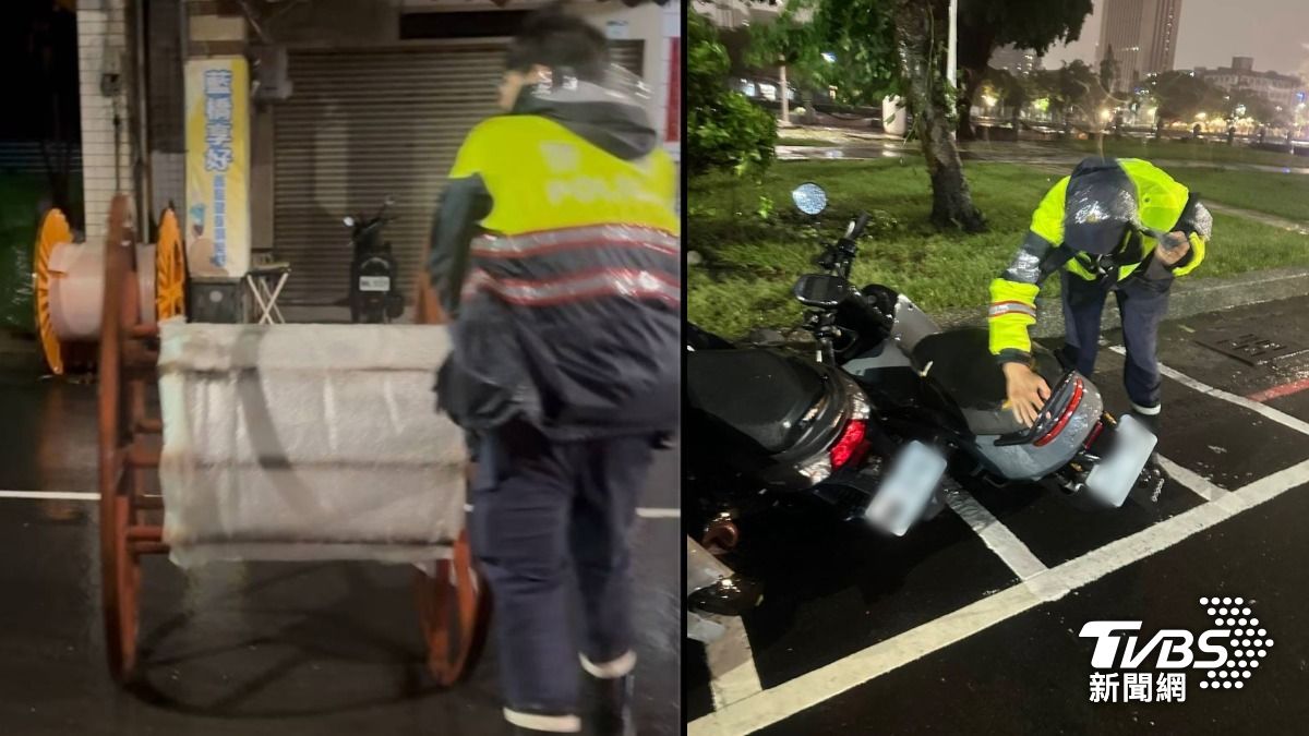 鹽埕分局警員肉搏13級強風滾電纜,排除障礙物。(圖/TVBS)