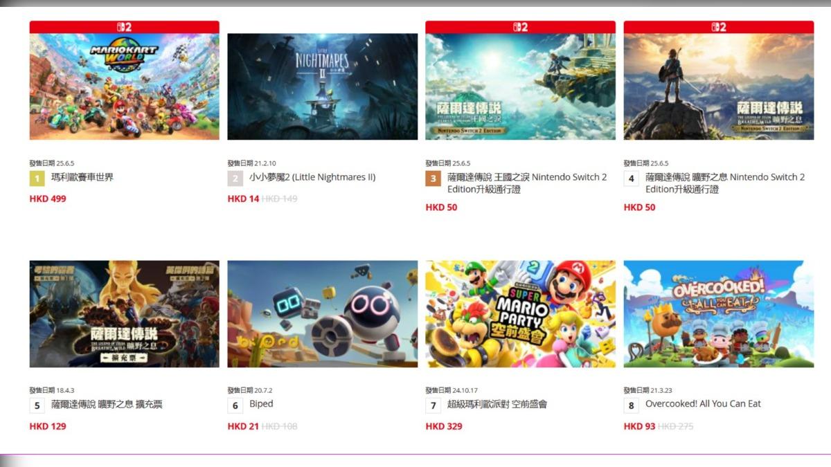 香港eshop也公布switch2遊戲下載排行。（圖／翻攝自eshop）