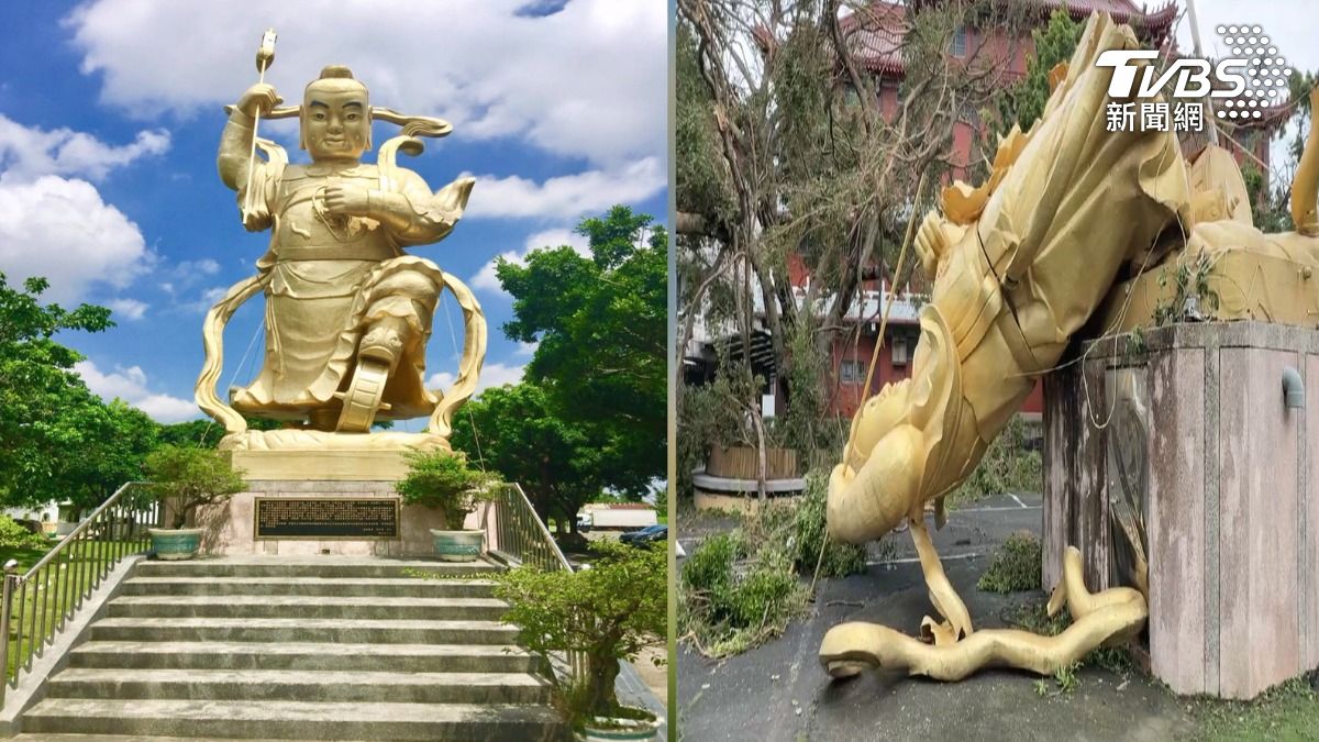 颱風丹娜絲狂掃南台灣，新營太子宮的太子爺雕像，竟然被強風攔腰吹斷。（圖／TVBS）