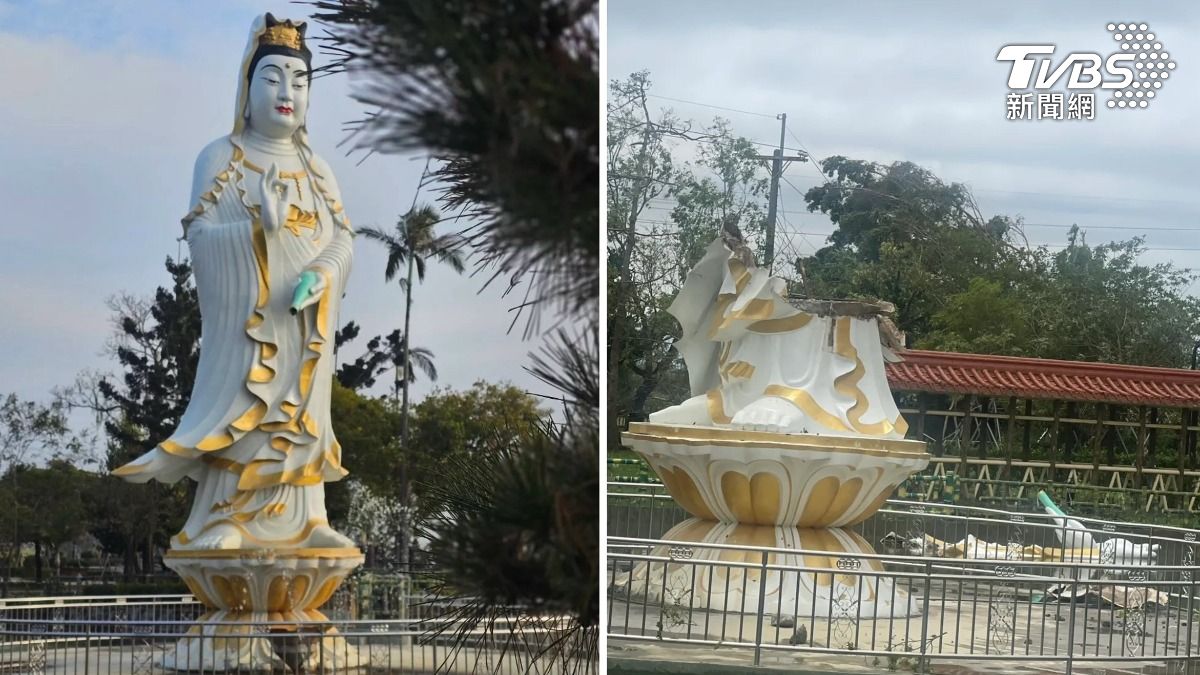 台南佳里佳福寺，至少有2層樓高的觀音佛祖雕像，同樣不敵強風，整個被吹斷，掉進水池裡。（圖／TVBS）