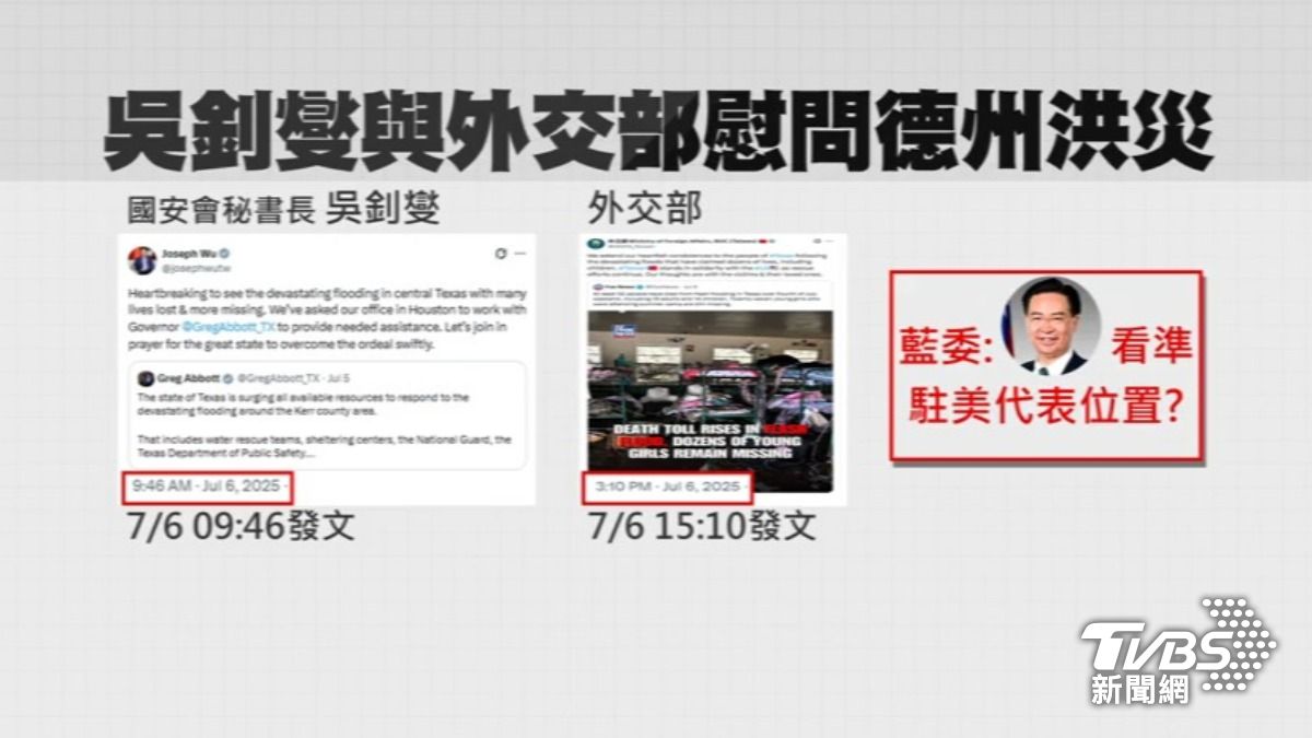 國安會祕書長吳釗燮6日發文慰問美國德州的洪水災情,但速度上搶先外交部發文,藍委質疑目的是看準駐美代表位置。(圖/TVBS)