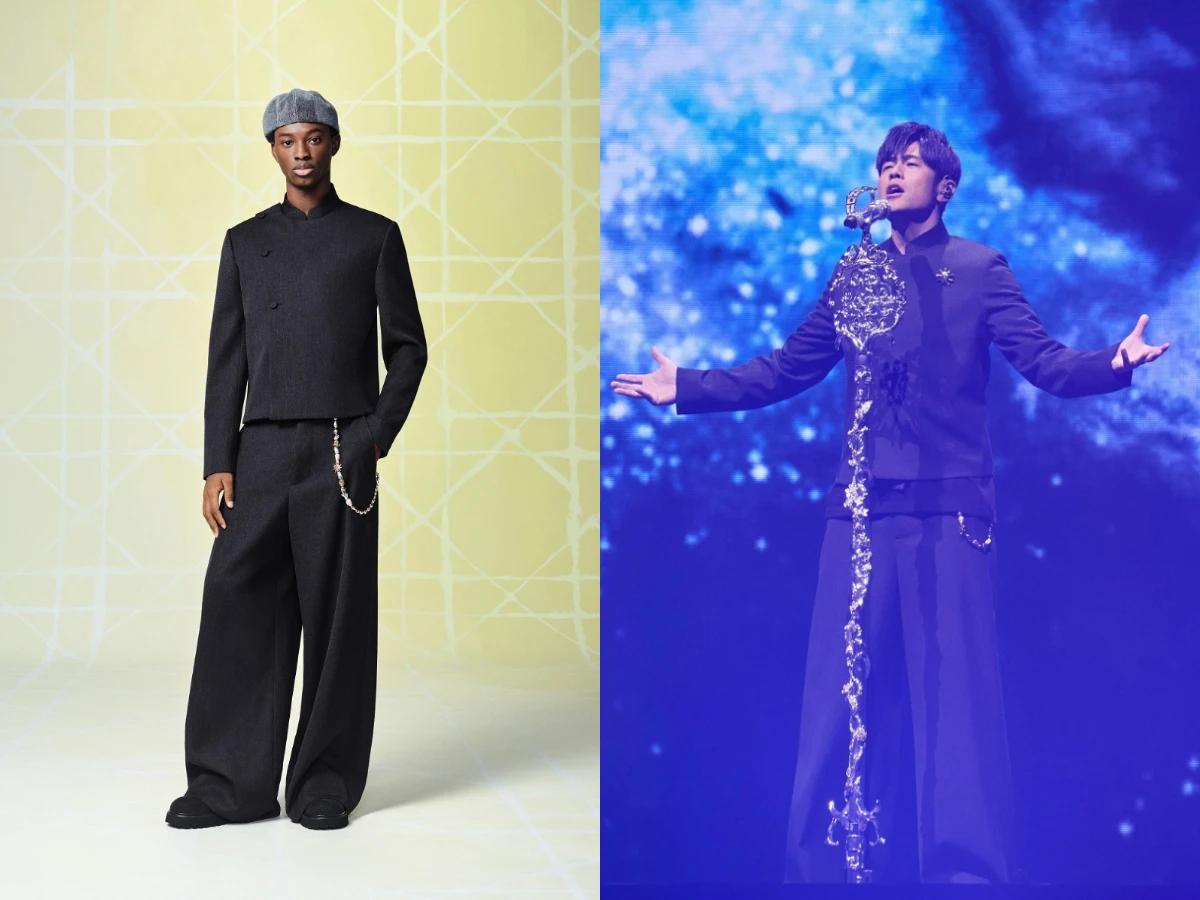 周杰倫在日前香港演唱會上，特別穿上DIOR AND LEWIS HAMILTON聯名膠囊系列登台，展現運動與時尚完美融合的態度。（圖／翻攝自IG@jaychou、DIOR提供）