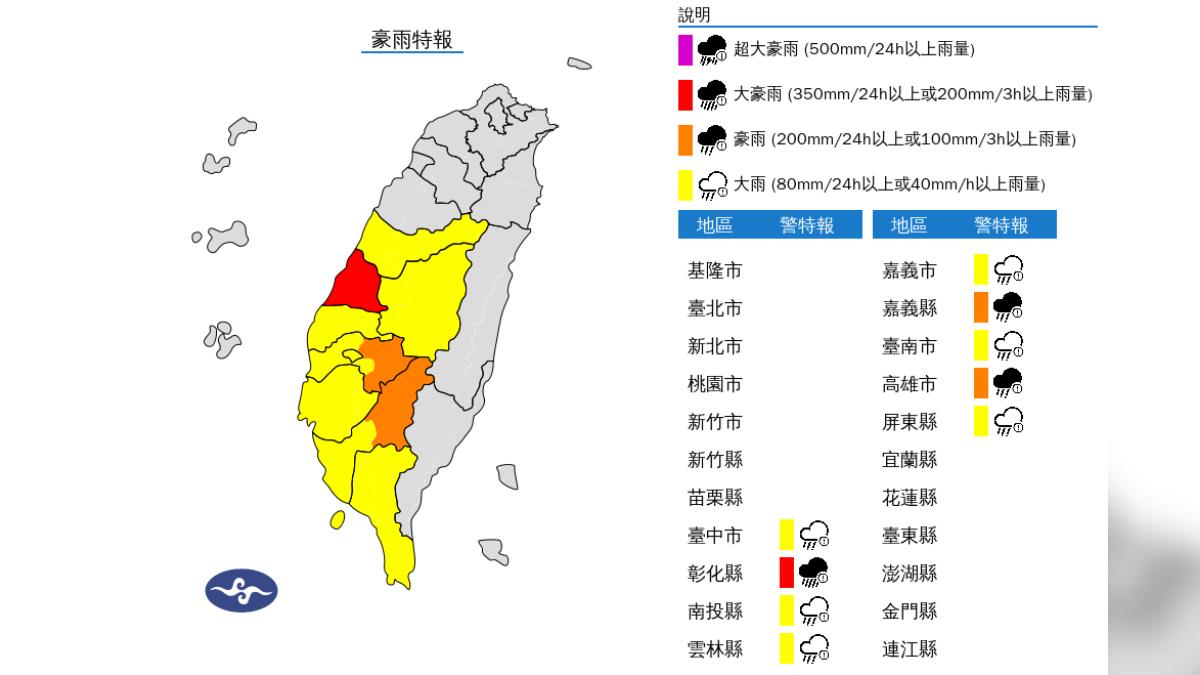 大雷雨狂轟中台灣!低壓帶+西南風輻合 彰化時雨量破百毫米