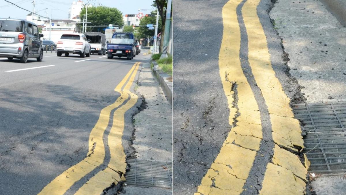 蔚山市多處車道變形、路面凹陷。(圖/翻攝自首爾日報)