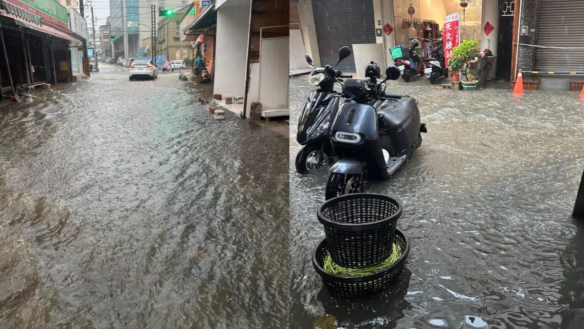 排水系統無法應付瞬間降下的雨勢,導致街道上成一片汪洋。(圖/翻攝自臉書「沙鹿之美」)