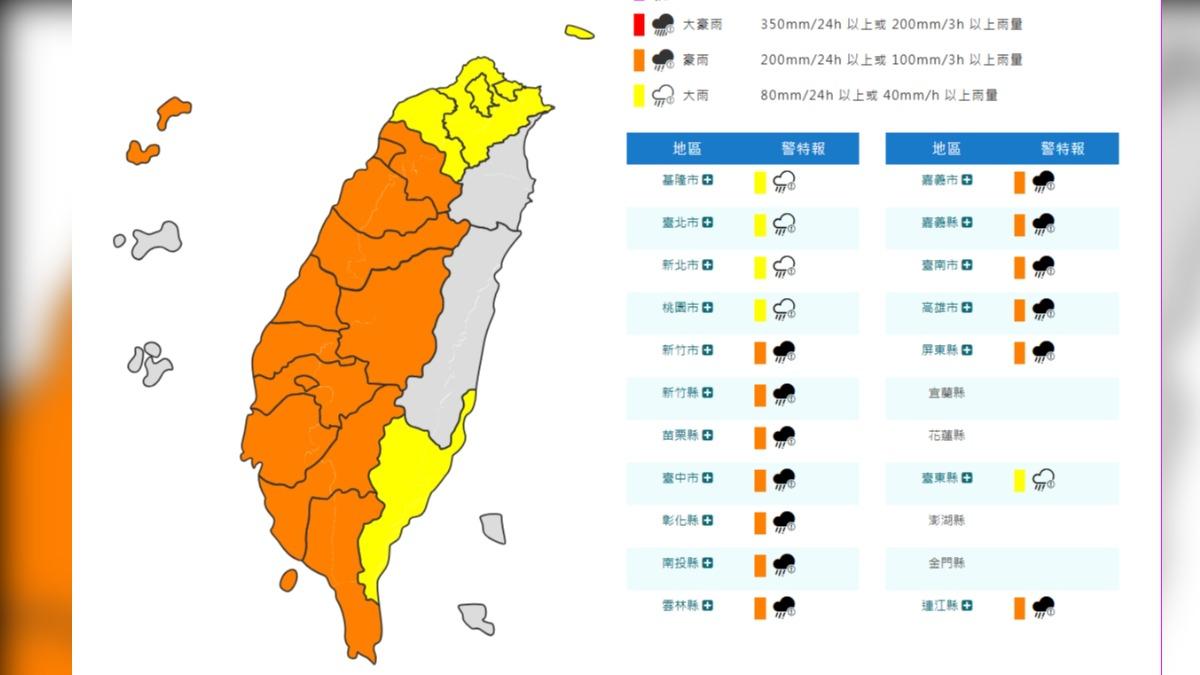天氣/雨彈轟炸!氣象署發18縣市豪、大雨特報 山區嚴防落石坍方