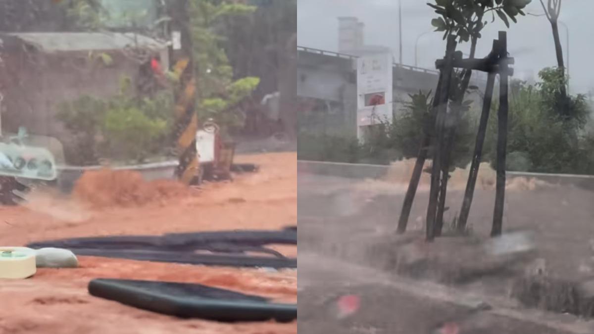 台中雨下不停!街道湧紅泥噴泉成小河 網齊嘆:應該放假的
