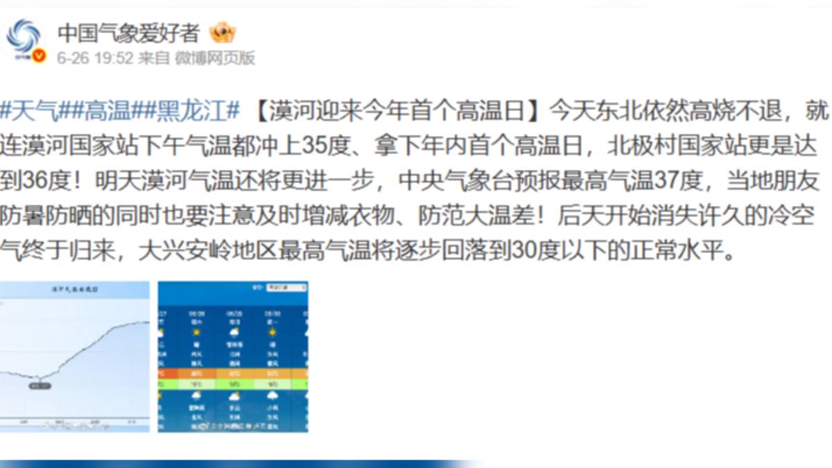 官方表示此高溫罕見。(圖/翻攝自微博@中國氣象愛好者)