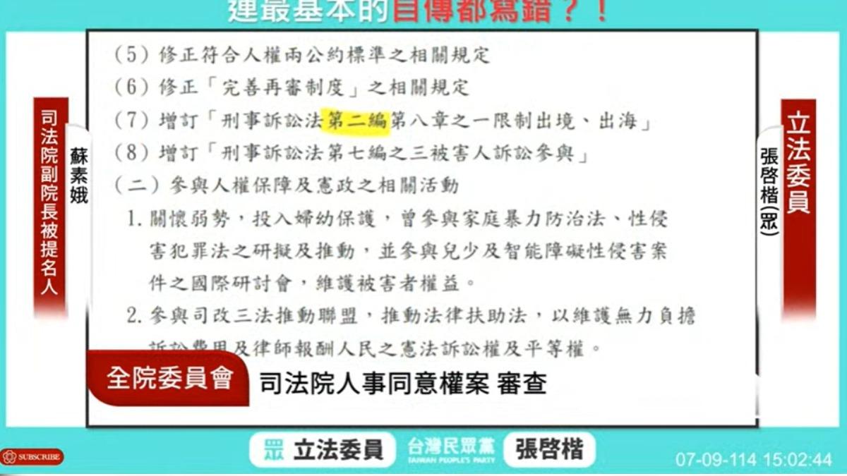 民眾黨立委張啓楷指出,司法院副院長被提名人蘇素娥自傳寫錯。(圖/翻攝國會頻道)