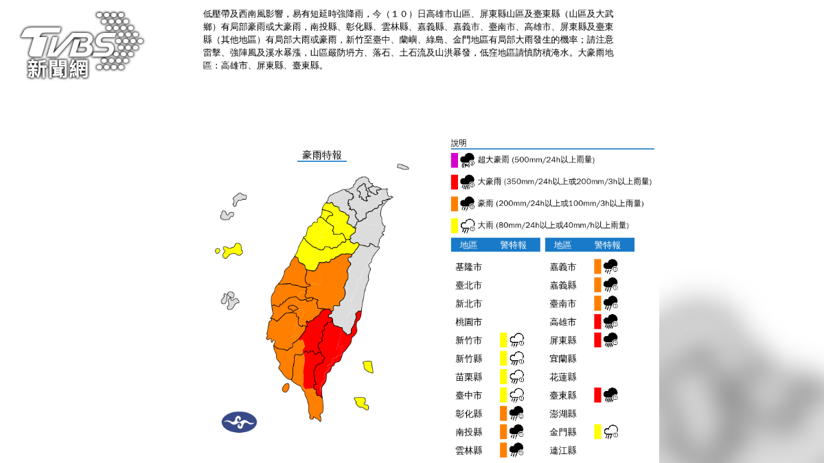 低壓帶及西南風影響 高屏台東等地防豪大雨