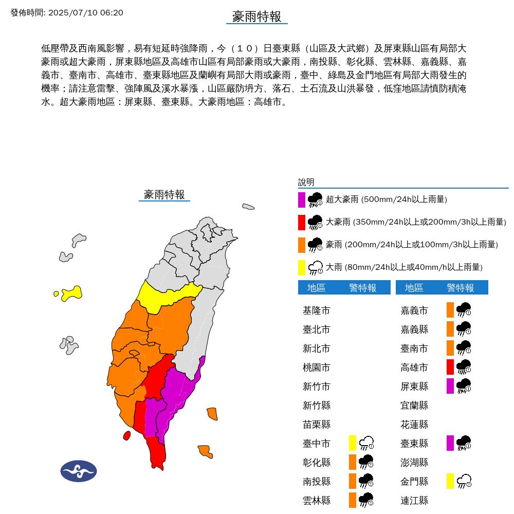 氣象署發布豪雨特報，屏東縣、台東縣要注意超大豪雨。（圖／氣象署）