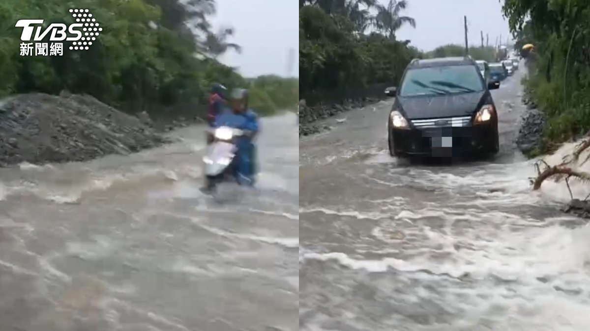 騎士與駕駛行經被雨水淹沒的道路。（圖／TVBS）