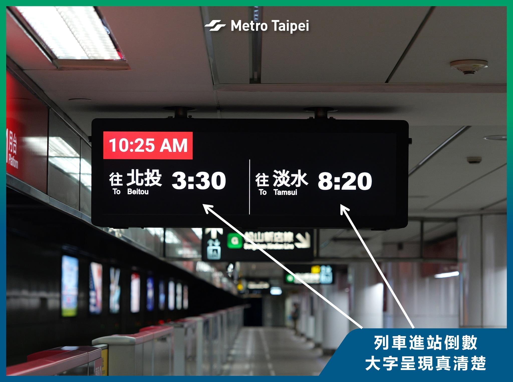 列車進站倒數的字體變大。(圖/翻攝自台北捷運臉書)