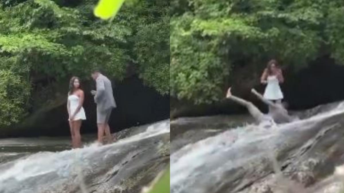 浪漫瀑布求婚翻船!男一跪腳滑慘跌 網看傻:老天都反對