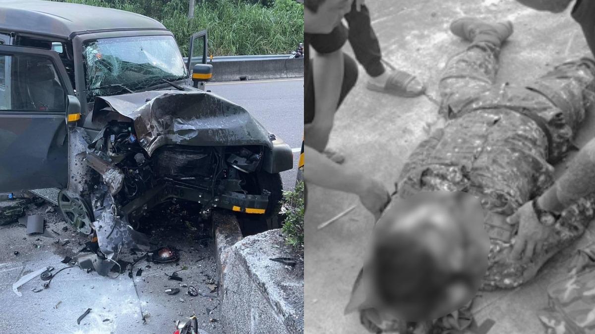 八軍團重防營的輕型戰術輪車發生自撞，官兵滿臉血躺地。（圖／記者爆料網）