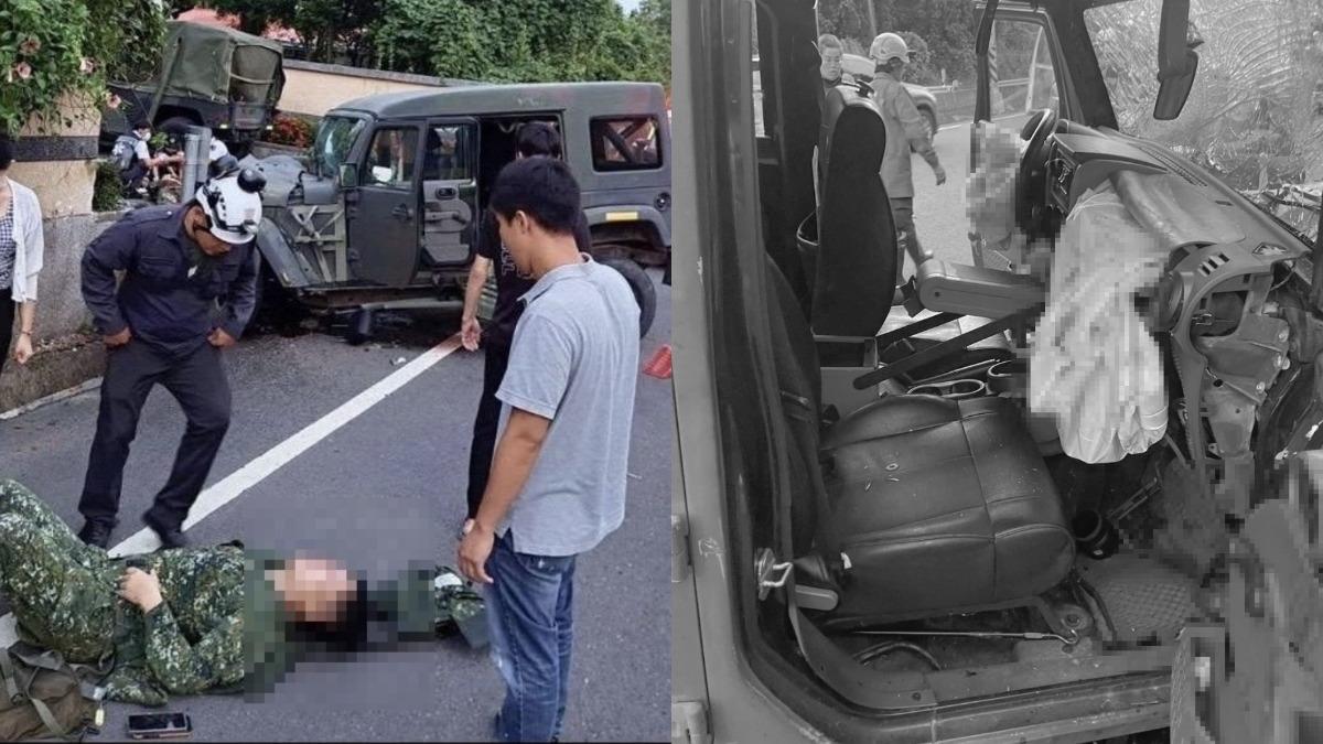 官兵自撞後驚悚躺地，車內安全氣囊爆開，血跡斑斑。（圖／記者爆料網）
