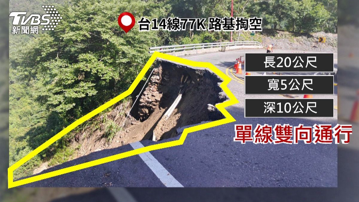 合歡山台14線77K現大坑洞!柏油路「連護欄掉谷底」。(圖/TVBS)