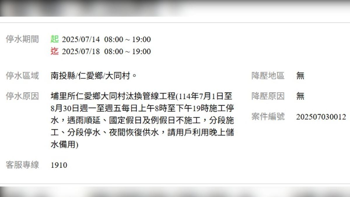 南投縣將進行管線汰換工程,因此停水。(圖/翻攝自台灣自來水公司官網)