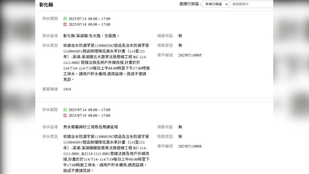 彰化縣部分區域將於明(14)日起停水至19日。(圖/翻攝自台灣自來水公司)