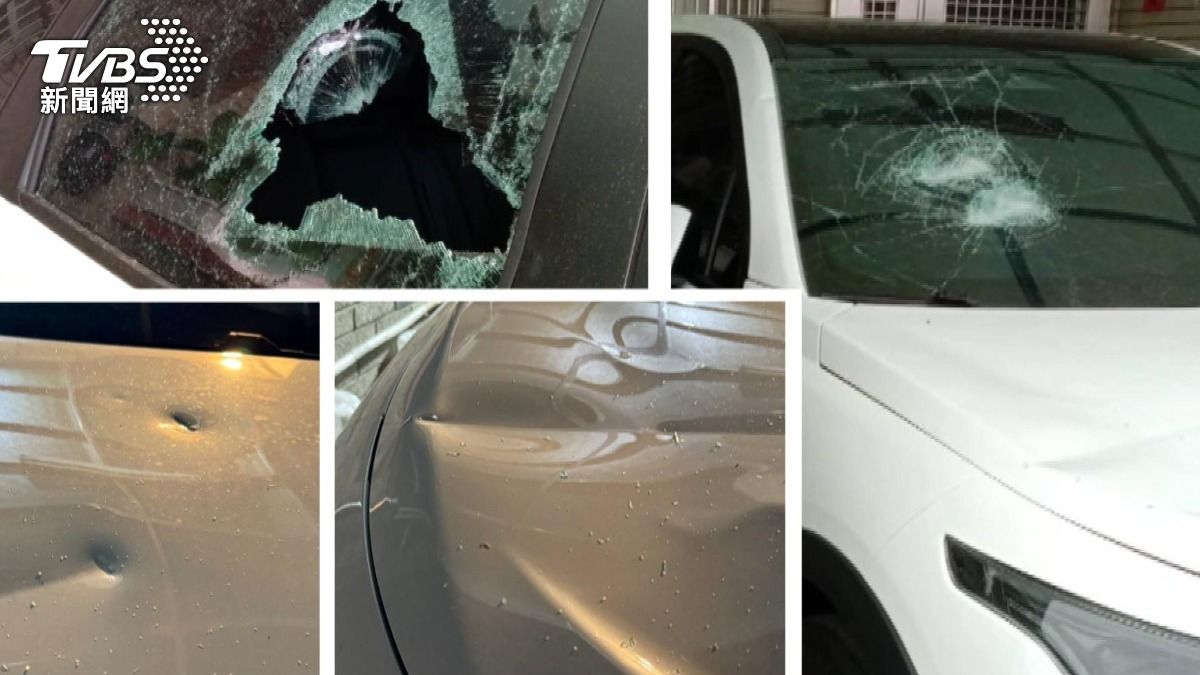 前擋玻璃碎裂,引擎蓋和車門都有凹痕,車窗被直接敲破。(圖/當事人提供)