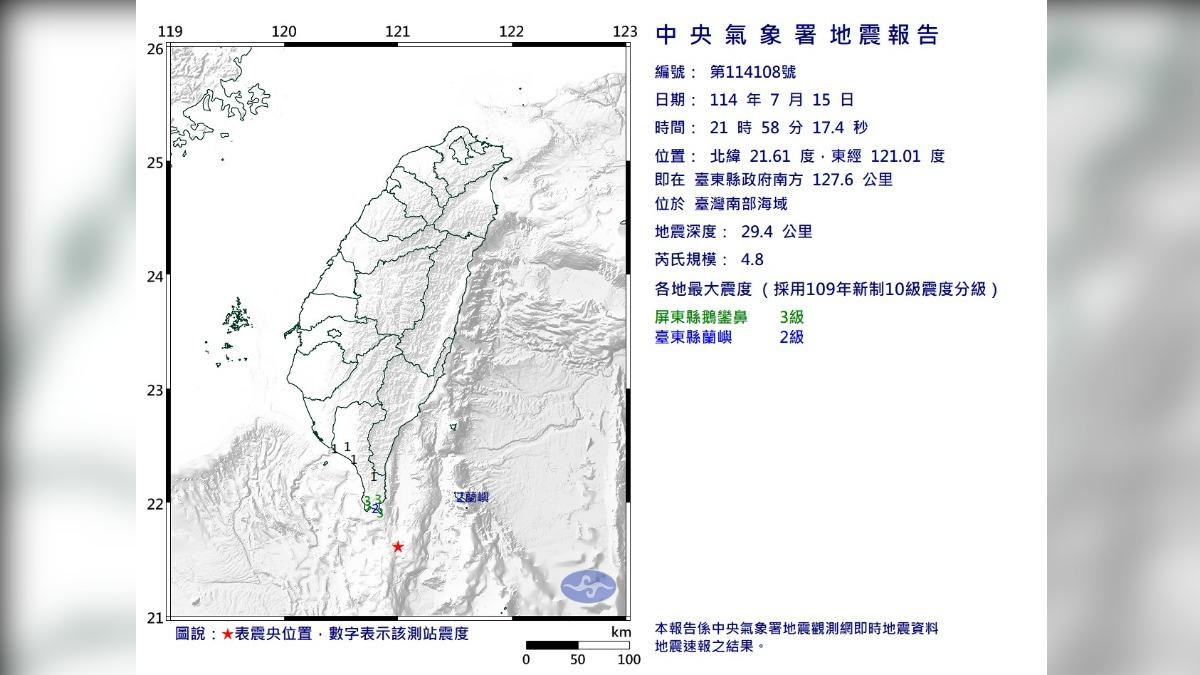 快訊／21：58南部海域地震！規模4.8　最大震度3級