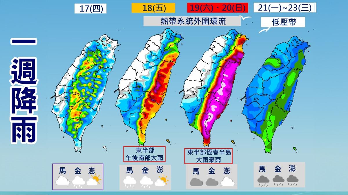 受熱帶性低氣壓影響,週五至週日東半部地區及恆春半島將有明顯降雨。(圖/TVBS)