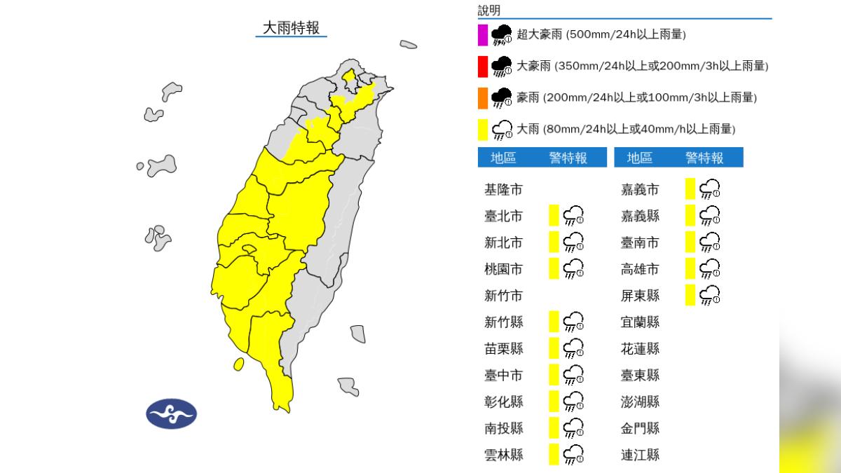 天氣／出門注意！對流旺盛「14縣市大雨特報」　一路下到晚上