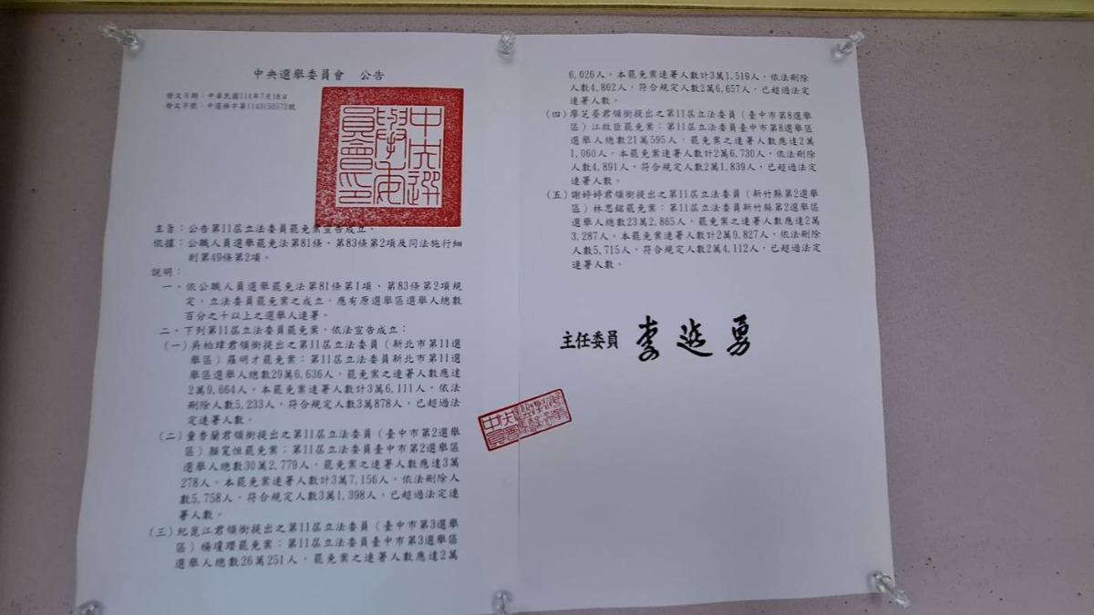 中選會公告羅明才、林思銘、楊瓊瓔、顏寬恒、江啟臣罷免成案。(圖/中選會提供)