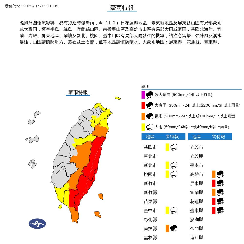 發布豪雨特報，示警大豪雨地區屏東縣、花蓮縣、臺東縣。（圖／中央氣象局提供）