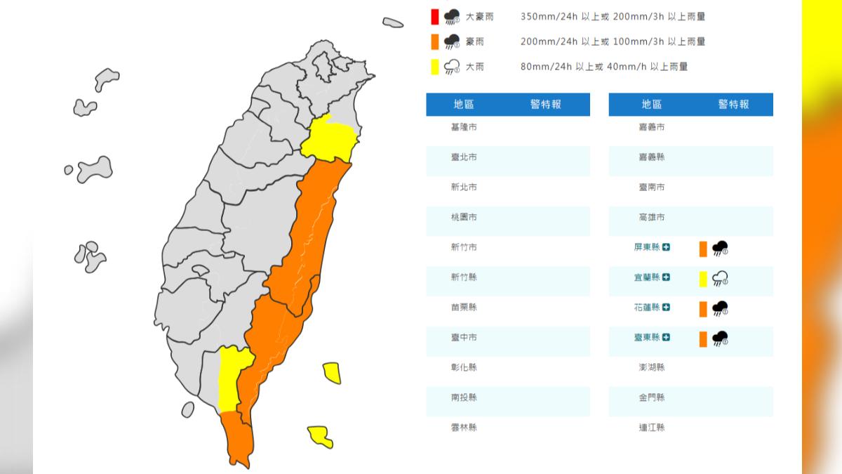 天氣/花東、恆春半島暴雨來襲!氣象署發4縣市豪、大雨特報