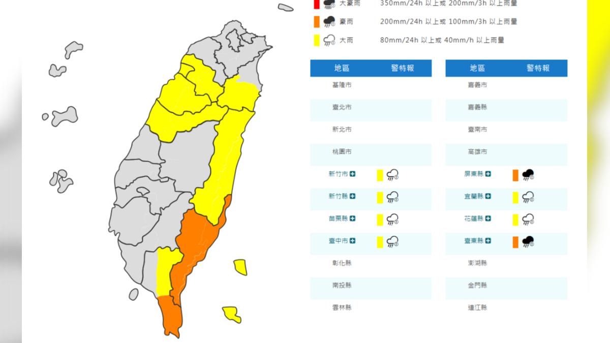 天氣/雨彈狂炸!台東、恆春雷雨下到晚上 8縣市豪、大雨特報