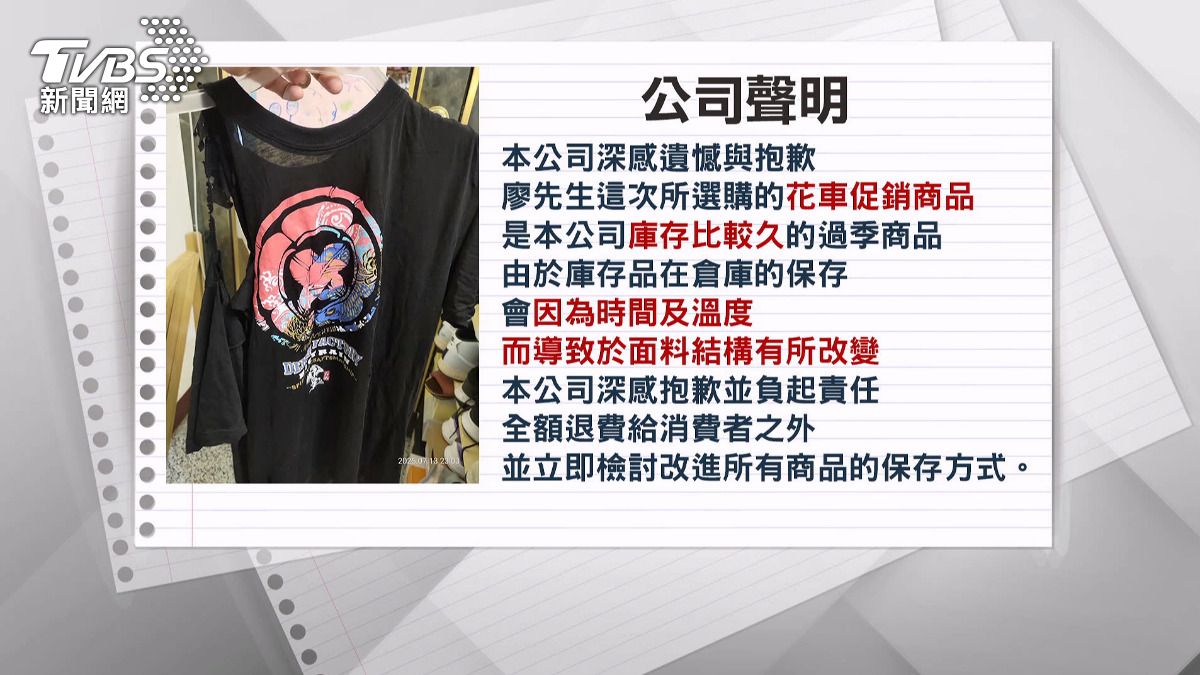 廠商表示,庫存品在倉庫保存過程中,會因為時間及溫度因素導致面料結構改變。(圖/民眾提供)
