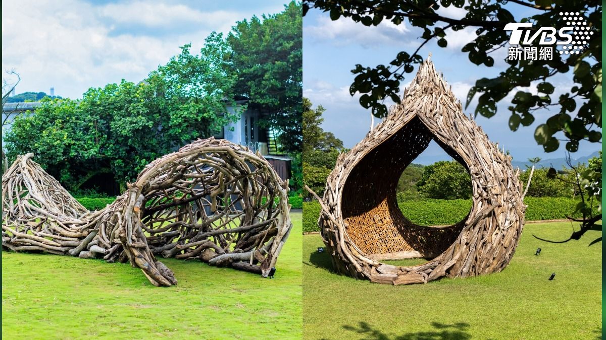 馬來西亞藝術家張國耀作品「漂流·隧」(左)﹑台灣雕塑藝術家李蕢至作品「水種子」(右),在北海岸藝術季展出。(圖/TVBS)