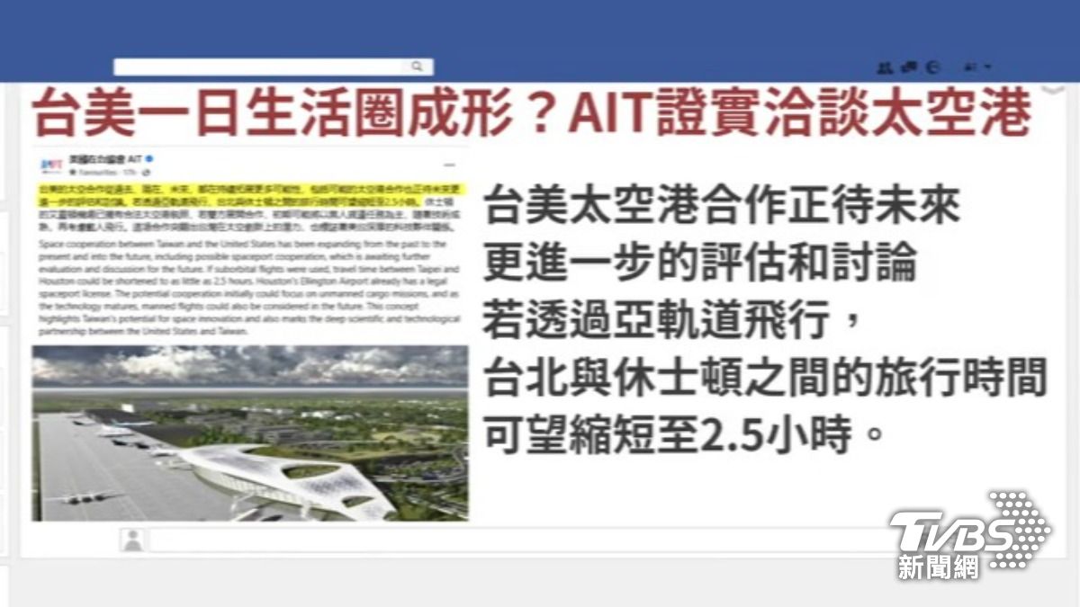美國推動發展太空港計畫,美國在台協會AIT昨天(21日)傍晚透過社群媒體表示,美台正洽談可能合作。(圖/TVBS)