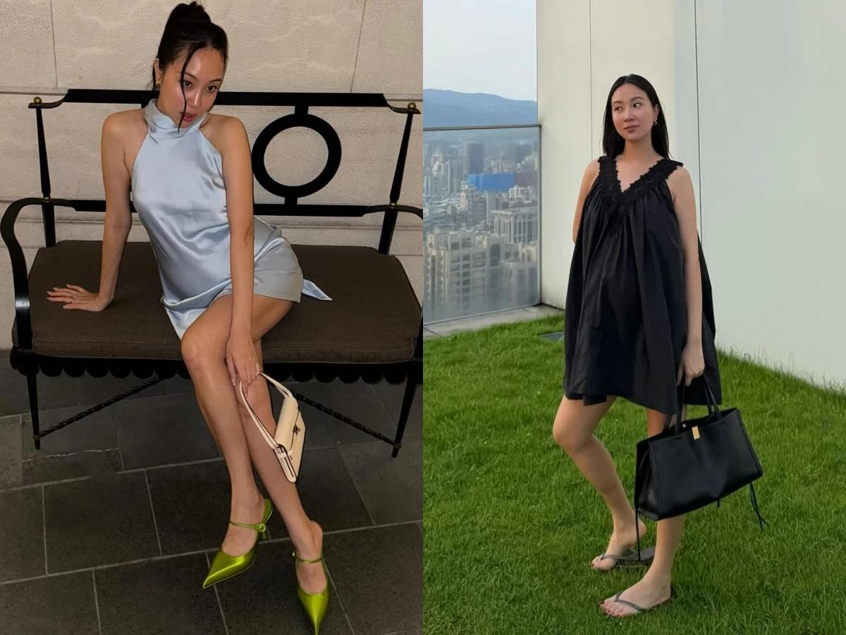 Melinda便選擇透氣又不貼身的傘狀洋裝來取代下身單品。(圖/翻攝自IG@wangmelinda)