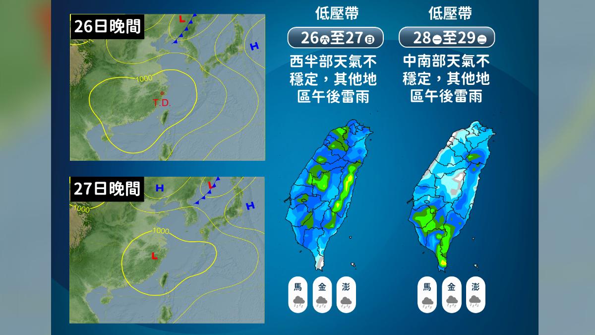 週六、周日受到低壓帶影響，天氣仍不穩定。（圖／氣象署）