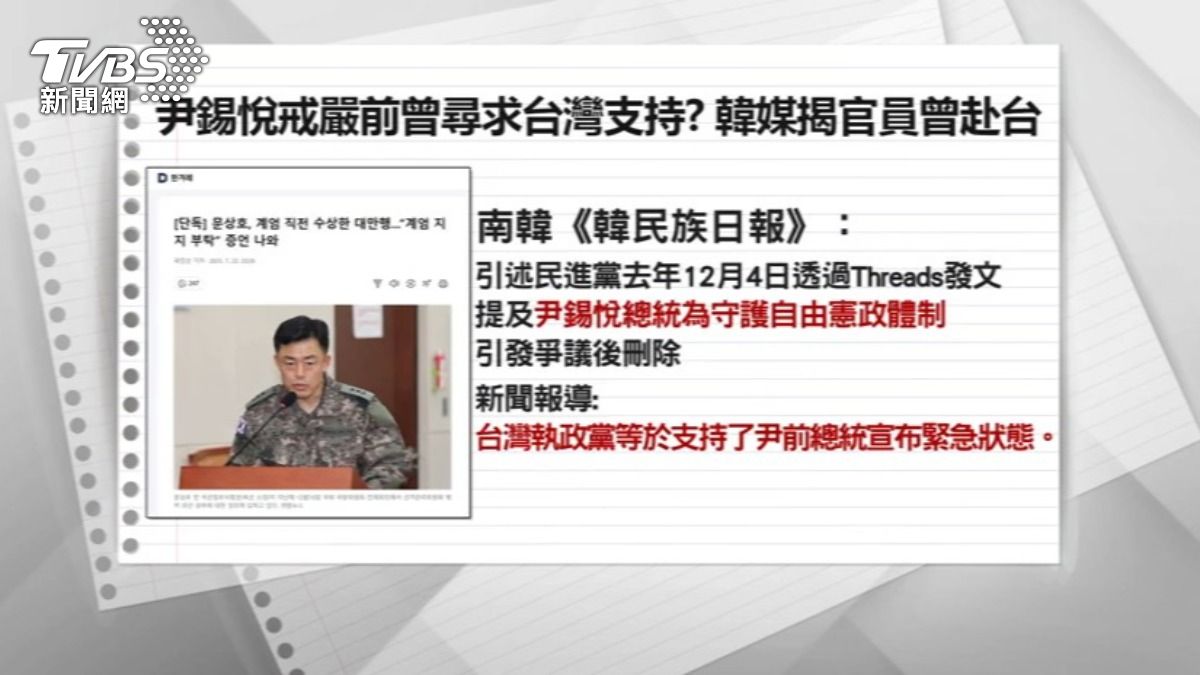 南韓媒體《韓民族日報》聲稱前總統尹錫悅的情報官員曾在戒嚴前來台尋求支持，更引用民進黨「戒嚴文」事件論證。