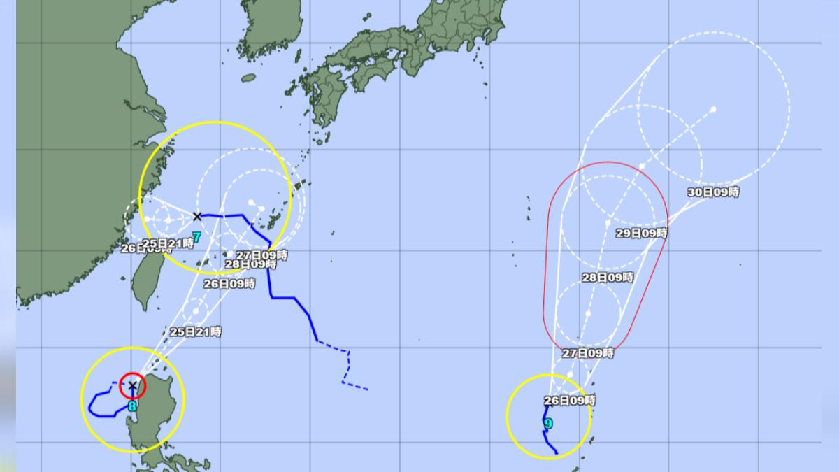 日本氣象廳公布最新颱風預測路徑，形成三颱共舞態勢。（圖／翻攝自日本氣象廳）