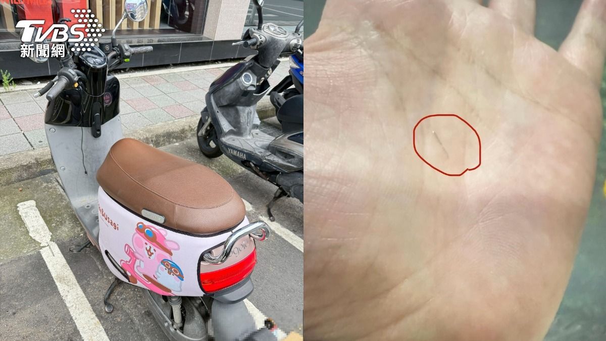 女騎士騎車時突然感到刺痛,竟發現坐墊立著一根針頭。 (圖/TVBS)