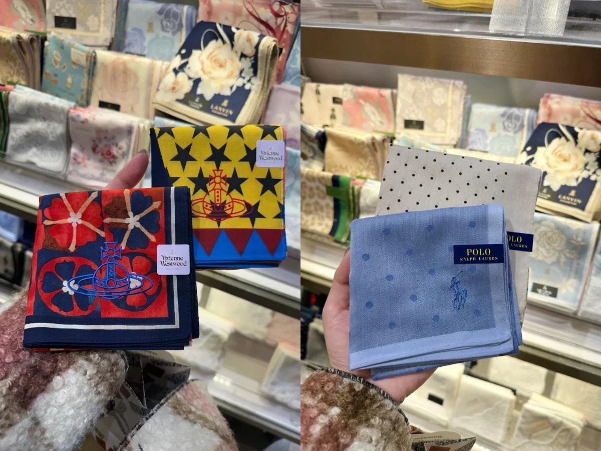 日本百貨中販售的精品小方巾,尺寸通常分為三種。(圖/翻攝自小紅書@杯杯)