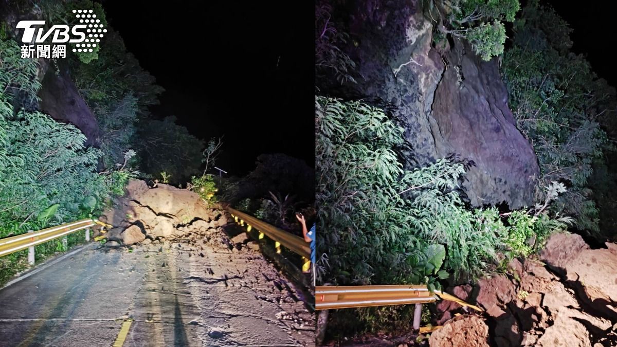 綠島東90線有大量落石崩塌,目前雙向道路無法通行。(圖/TVBS)