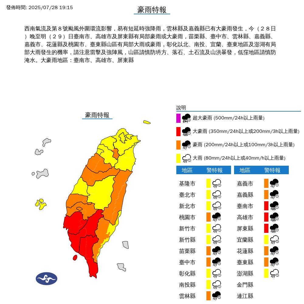 氣象署發布豪雨特報。（圖／氣象署）